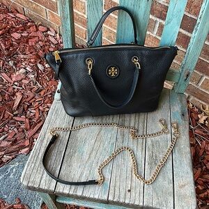 Tory Burch Black Satchel with Gold Accents and Removable Crossbody Strap